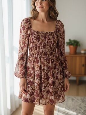 Floral Smocked Long-Sleeve Dress - Pink/Burgundy